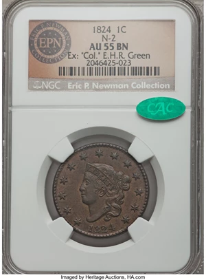 image for: 1824 1C N-2, R.2, AU55 NGC. CAC. Our EAC Grade AU50. Ex: "Col." E.H.R. Green. A chocolate-brown Choice AU example with ligh...