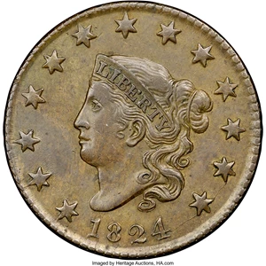 image for: 1824 1C N-4, R.2, AU53 NGC. CAC. Our EAC Grade XF40. Ex: "Col." E.H.R. Green. The late die state with a delicate crack betw...