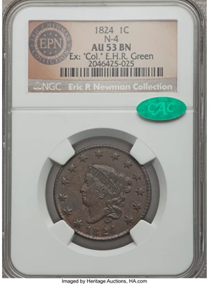 image for: 1824 1C N-4, R.2, AU53 NGC. CAC. Our EAC Grade XF40. Ex: "Col." E.H.R. Green. The late die state with a delicate crack betw...
