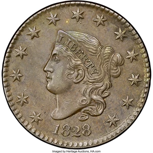 image for: 1828 1C Large Narrow Date, N-6, R.1, AU58 NGC. Our EAC Grade XF45. Ex: "Col." E.H.R. Green. An 8 is widely, albeit faintly,...