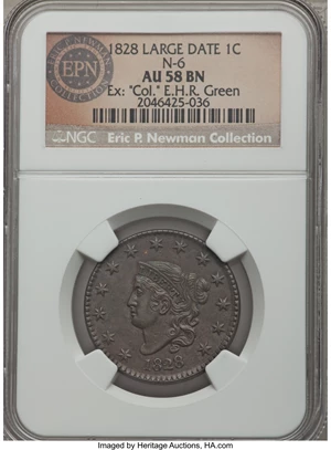 image for: 1828 1C Large Narrow Date, N-6, R.1, AU58 NGC. Our EAC Grade XF45. Ex: "Col." E.H.R. Green. An 8 is widely, albeit faintly,...