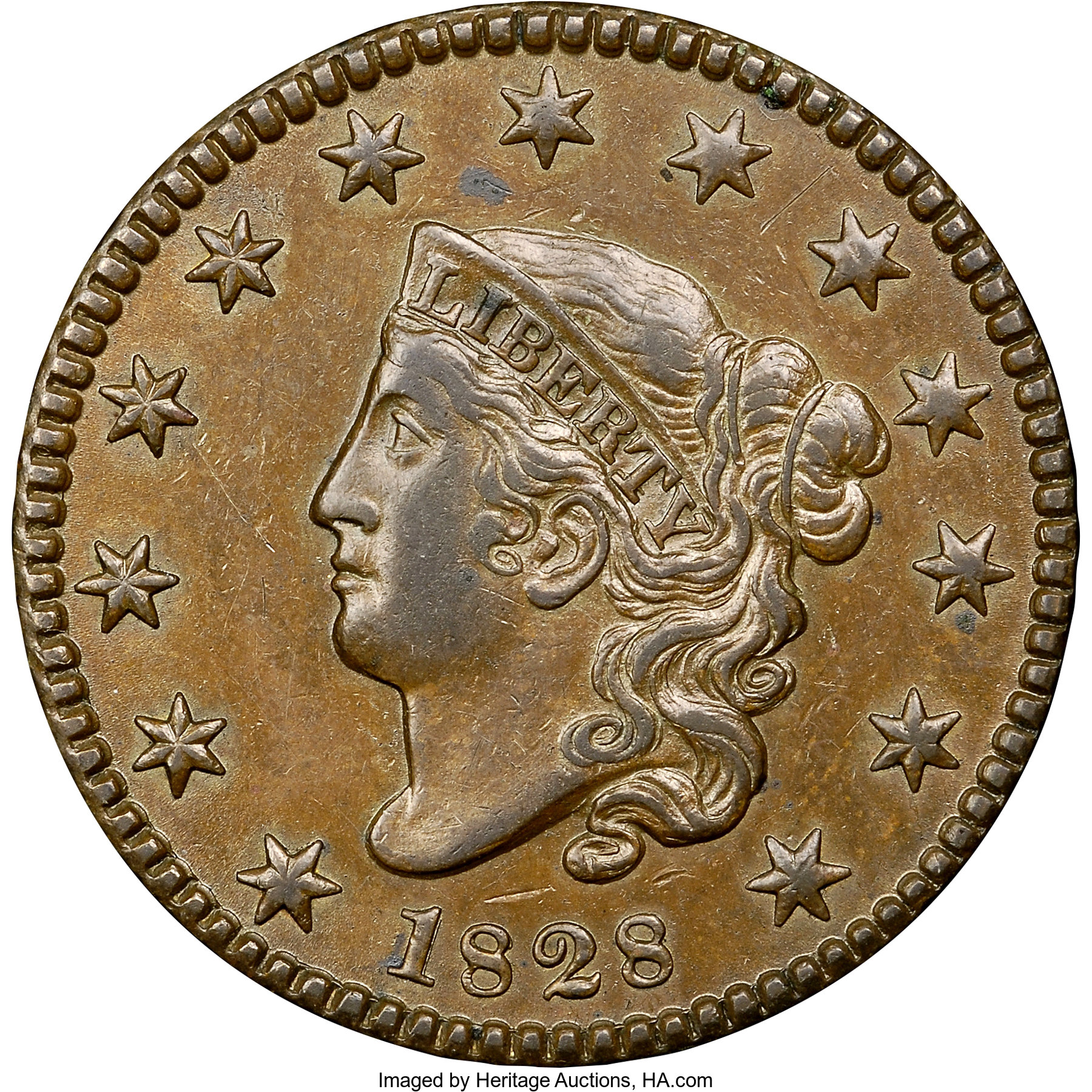 image for: 1828 1C Small Wide Date, N-10, R.1, AU53 NGC. CAC. Our EAC Grade XF45. Ex: "Col." E.H.R. Green. The sole 1828 marriage with...