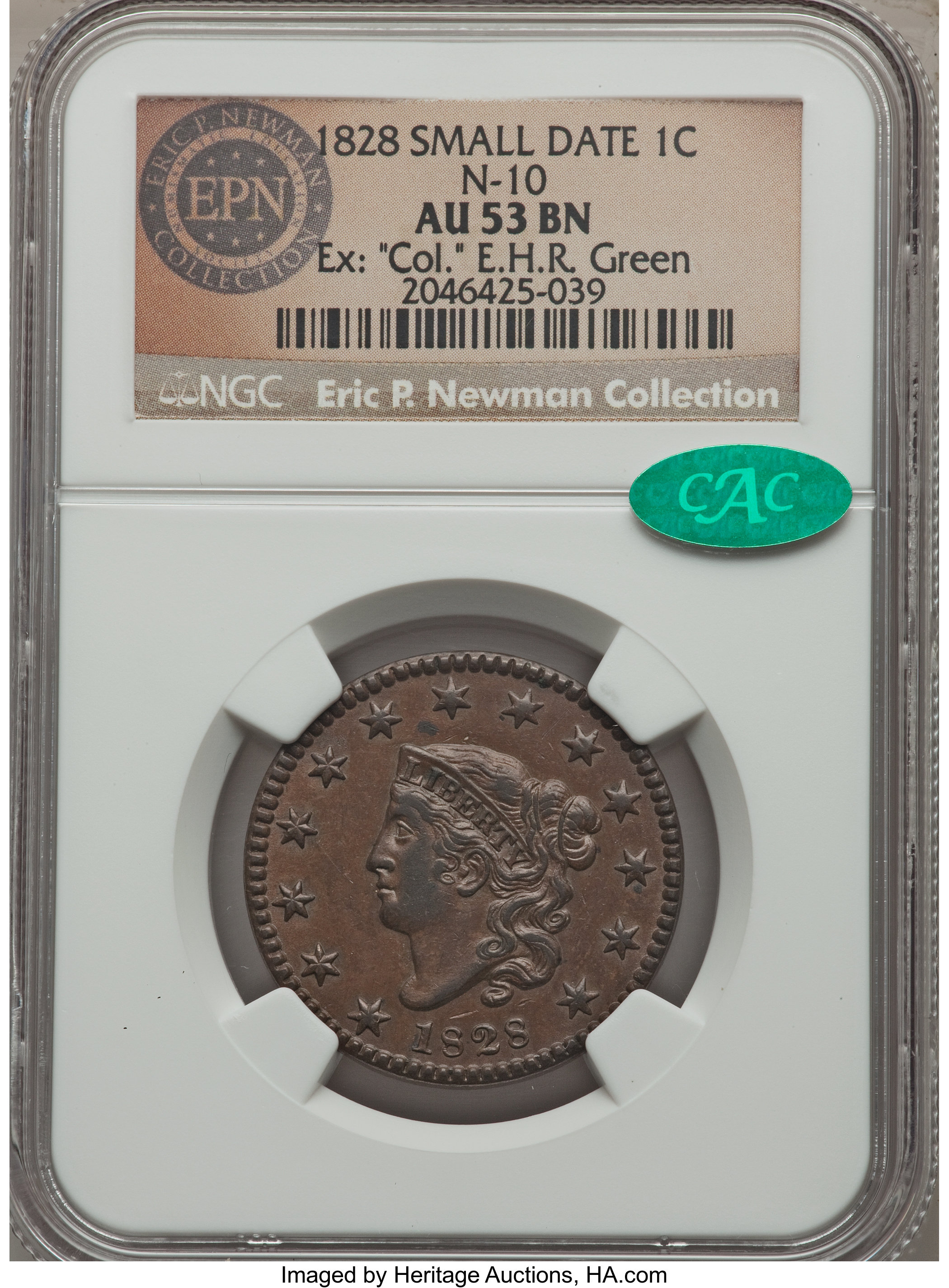 image for: 1828 1C Small Wide Date, N-10, R.1, AU53 NGC. CAC. Our EAC Grade XF45. Ex: "Col." E.H.R. Green. The sole 1828 marriage with...