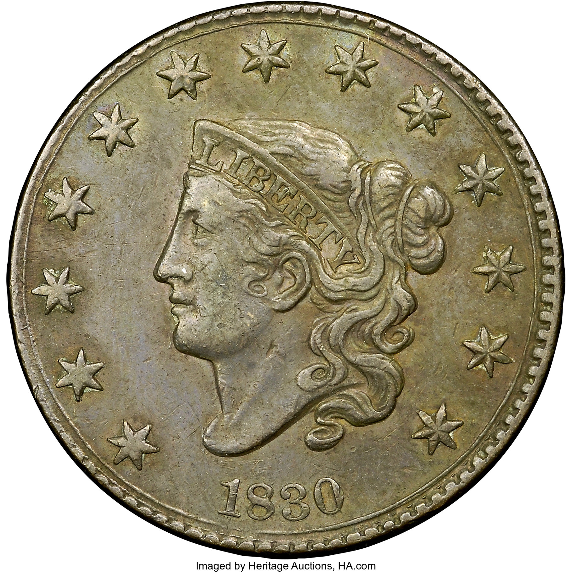 image for: 1830 1C Large Letters, N-1, R.1, AU50 NGC. Our EAC Grade VF35. Close date. The final A in AMERICA is close to the wreath st...