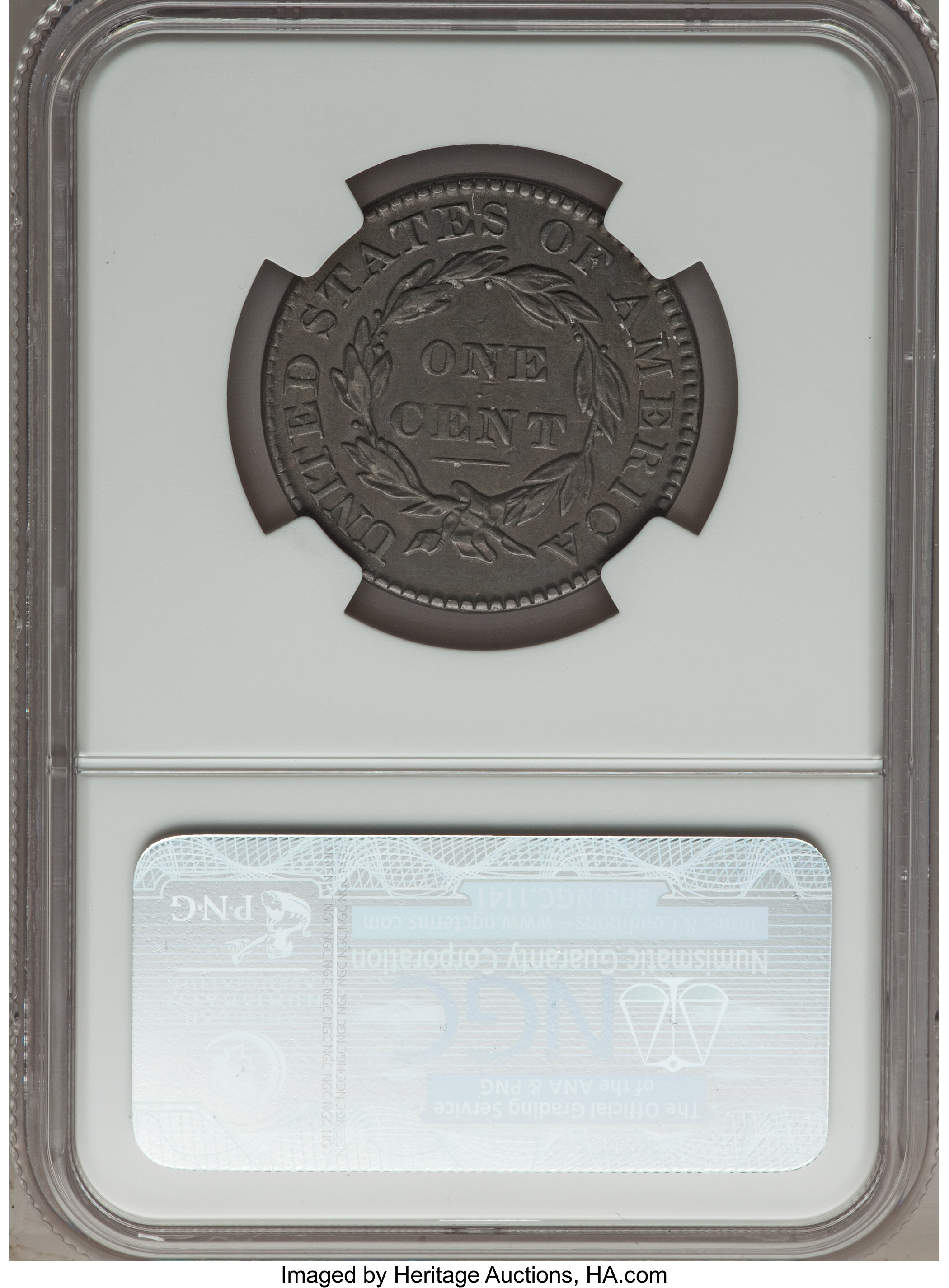 image for: 1830 1C Large Letters, N-1, R.1, AU50 NGC. Our EAC Grade VF35. Close date. The final A in AMERICA is close to the wreath st...