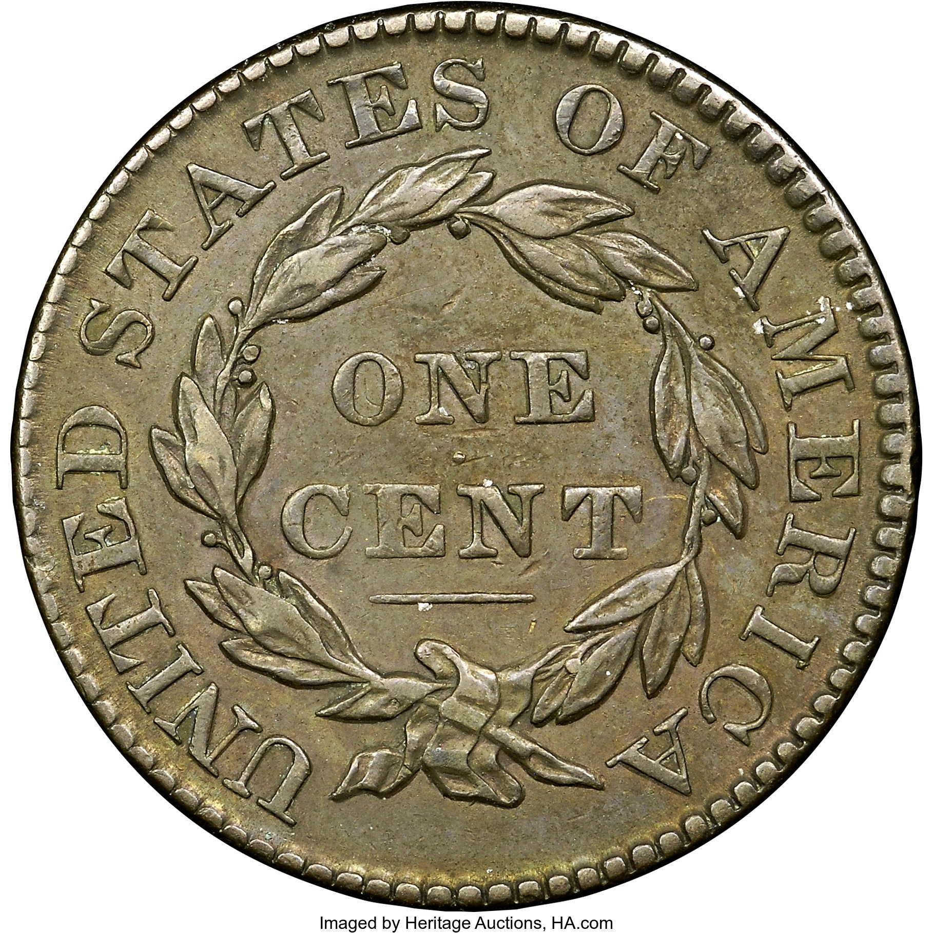 image for: 1830 1C Large Letters, N-1, R.1, AU50 NGC. Our EAC Grade VF35. Close date. The final A in AMERICA is close to the wreath st...