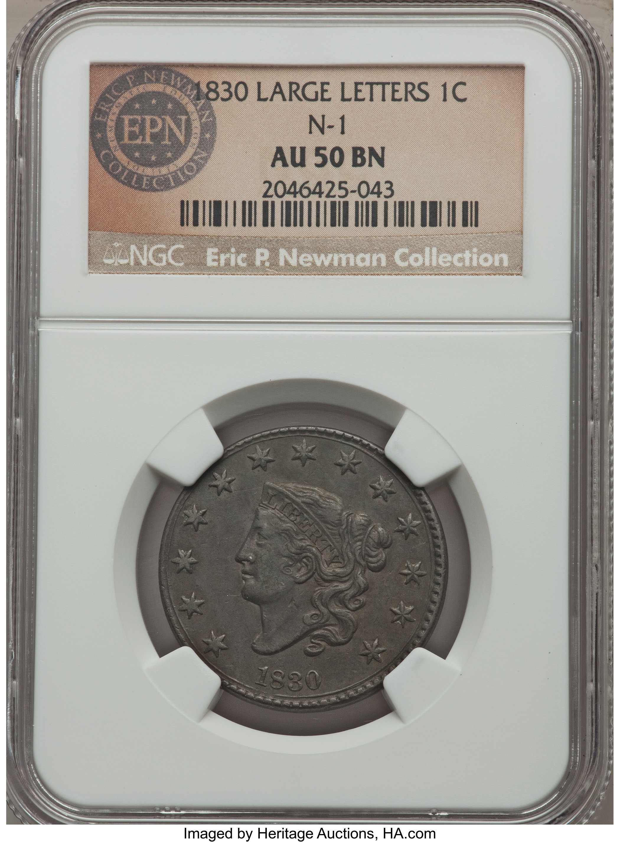 image for: 1830 1C Large Letters, N-1, R.1, AU50 NGC. Our EAC Grade VF35. Close date. The final A in AMERICA is close to the wreath st...