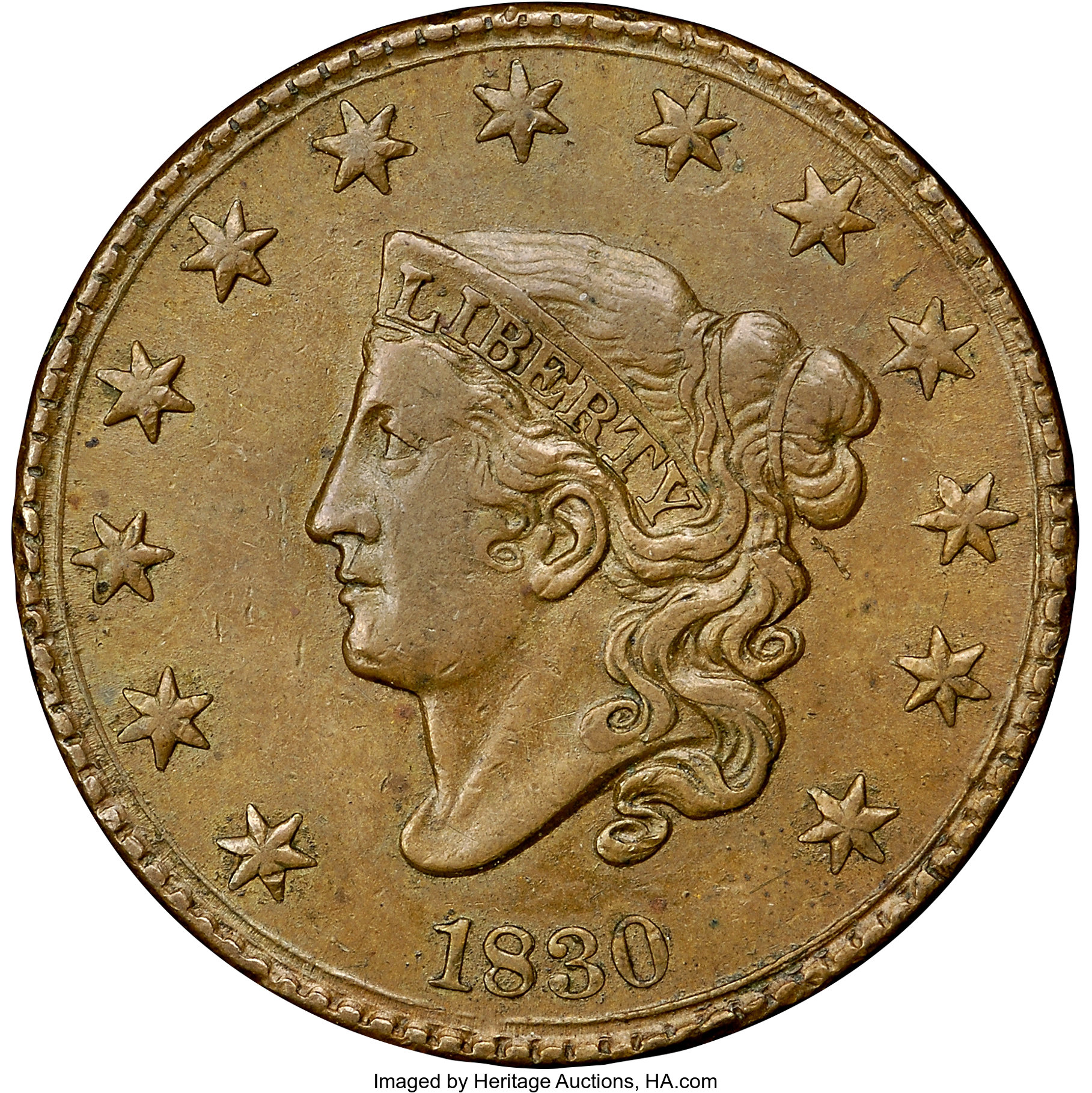 image for: 1830 1C Large Letters, N-1, R.1, AU55 NGC. CAC. Our EAC Grade XF40. Ex: "Col." E.H.R. Green. N-1 features a bold inner circ...