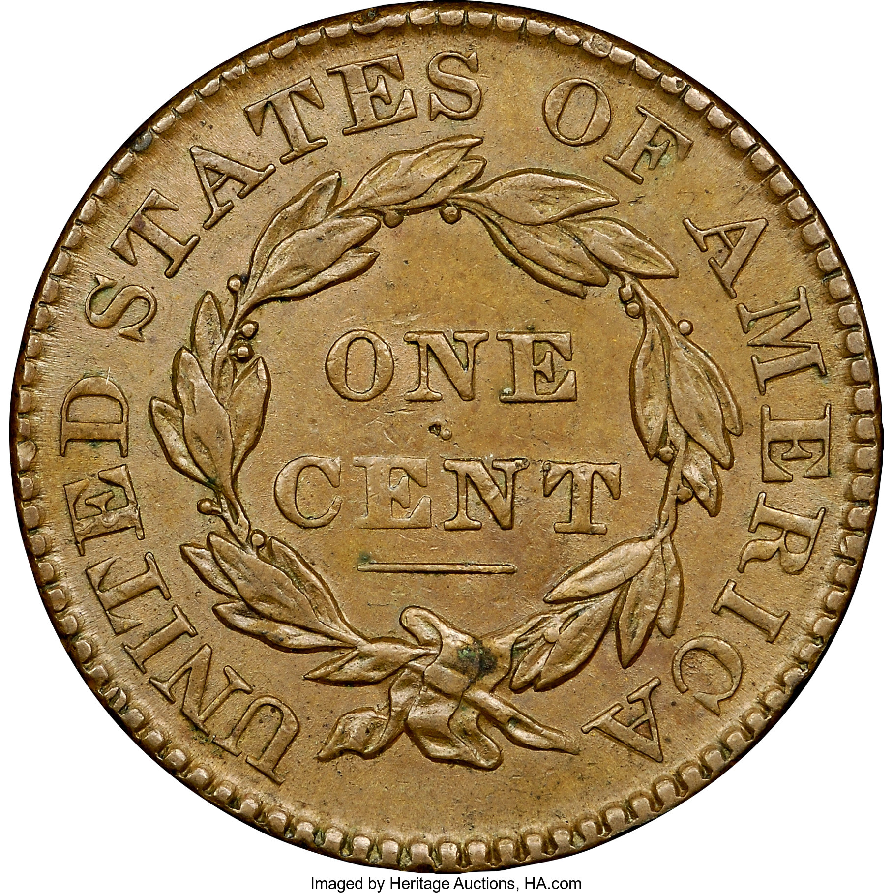 image for: 1830 1C Large Letters, N-1, R.1, AU55 NGC. CAC. Our EAC Grade XF40. Ex: "Col." E.H.R. Green. N-1 features a bold inner circ...