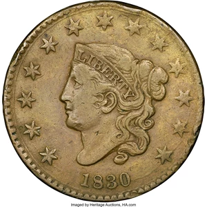 image for: 1830 1C Large Letters, N-4, R.2, XF40 NGC. Our EAC Grade VF25. Lengthy light cracks on both sides enable prompt attribution...
