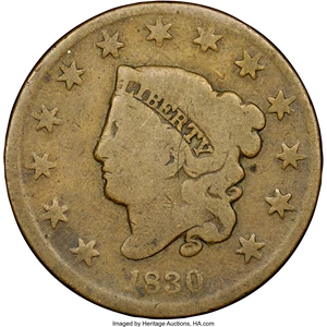 image for: 1830 1C Medium Letters, N-6, R.4, VG8 NGC. CAC. Our EAC Grade Good 5. The sole 1830 die marriage with Small or Medium lette...