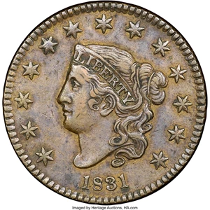 image for: 1831 1C Large Letters, N-6, R.1, AU53 NGC. Our EAC Grade VF35. The T in LIBERTY is low on the readily collectible Newcomb-6...