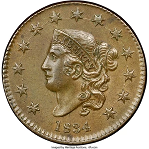 image for: 1834 1C Small 8, Large Stars, Medium Letters, N-2, R.1, MS62 Brown NGC. Our EAC Grade AU50. Specific lengthy die cracks on ...