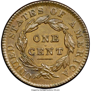 image for: 1834 1C Small 8, Large Stars, Medium Letters, N-2, R.1, MS62 Brown NGC. Our EAC Grade AU50. Specific lengthy die cracks on ...