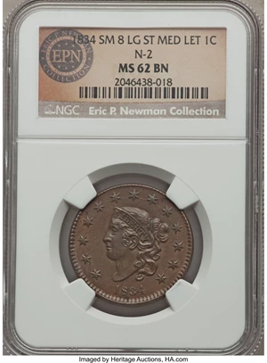 image for: 1834 1C Small 8, Large Stars, Medium Letters, N-2, R.1, MS62 Brown NGC. Our EAC Grade AU50. Specific lengthy die cracks on ...