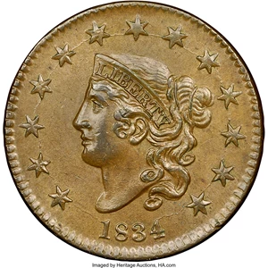 image for: 1834 1C Small 8, Large Stars, Medium Letters, N-2, R.1, MS63 Brown NGC. Our EAC Grade AU50. Ex: "Col." E.H.R. Green. One of...