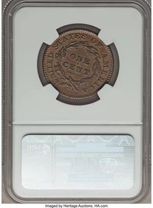 image for: 1834 1C Small 8, Large Stars, Medium Letters, N-2, R.1, MS63 Brown NGC. Our EAC Grade AU50. Ex: "Col." E.H.R. Green. One of...