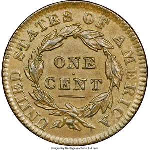 image for: 1834 1C Small 8, Large Stars, Medium Letters, N-2, R.1, MS63 Brown NGC. Our EAC Grade AU50. Ex: "Col." E.H.R. Green. One of...