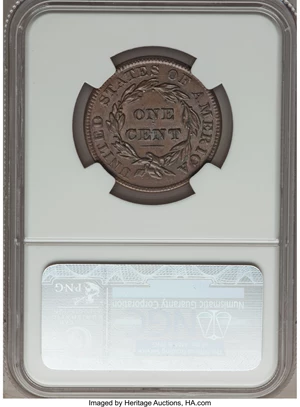 image for: 1837 1C Plain Cords, Medium Letters, N-7, N-8, R.1, MS63 Brown NGC. CAC. Our EAC Grade AU55. A die crack through STATES OF ...