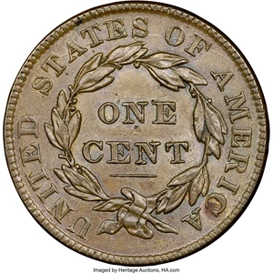 image for: 1837 1C Plain Cords, Medium Letters, N-7, N-8, R.1, MS63 Brown NGC. CAC. Our EAC Grade AU55. A die crack through STATES OF ...