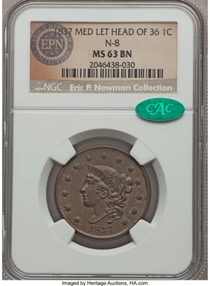 image for: 1837 1C Plain Cords, Medium Letters, N-7, N-8, R.1, MS63 Brown NGC. CAC. Our EAC Grade AU55. A die crack through STATES OF ...