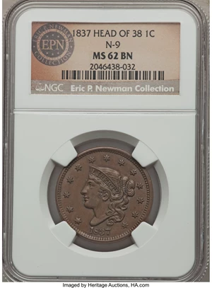 image for: 1837 1C Head of 1838, N-9, R.1, MS62 Brown NGC. Our EAC Grade AU50. This is a representative of an intermediate die state, ...