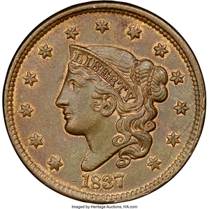 image for: 1837 1C Head of 1838, N-9, R.1, MS65 Brown NGC. CAC. Our EAC Grade MS60. Close to the terminal die state for this interesti...