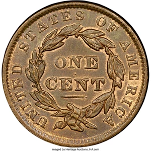 image for: 1837 1C Head of 1838, N-9, R.1, MS65 Brown NGC. CAC. Our EAC Grade MS60. Close to the terminal die state for this interesti...