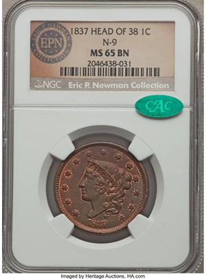 image for: 1837 1C Head of 1838, N-9, R.1, MS65 Brown NGC. CAC. Our EAC Grade MS60. Close to the terminal die state for this interesti...