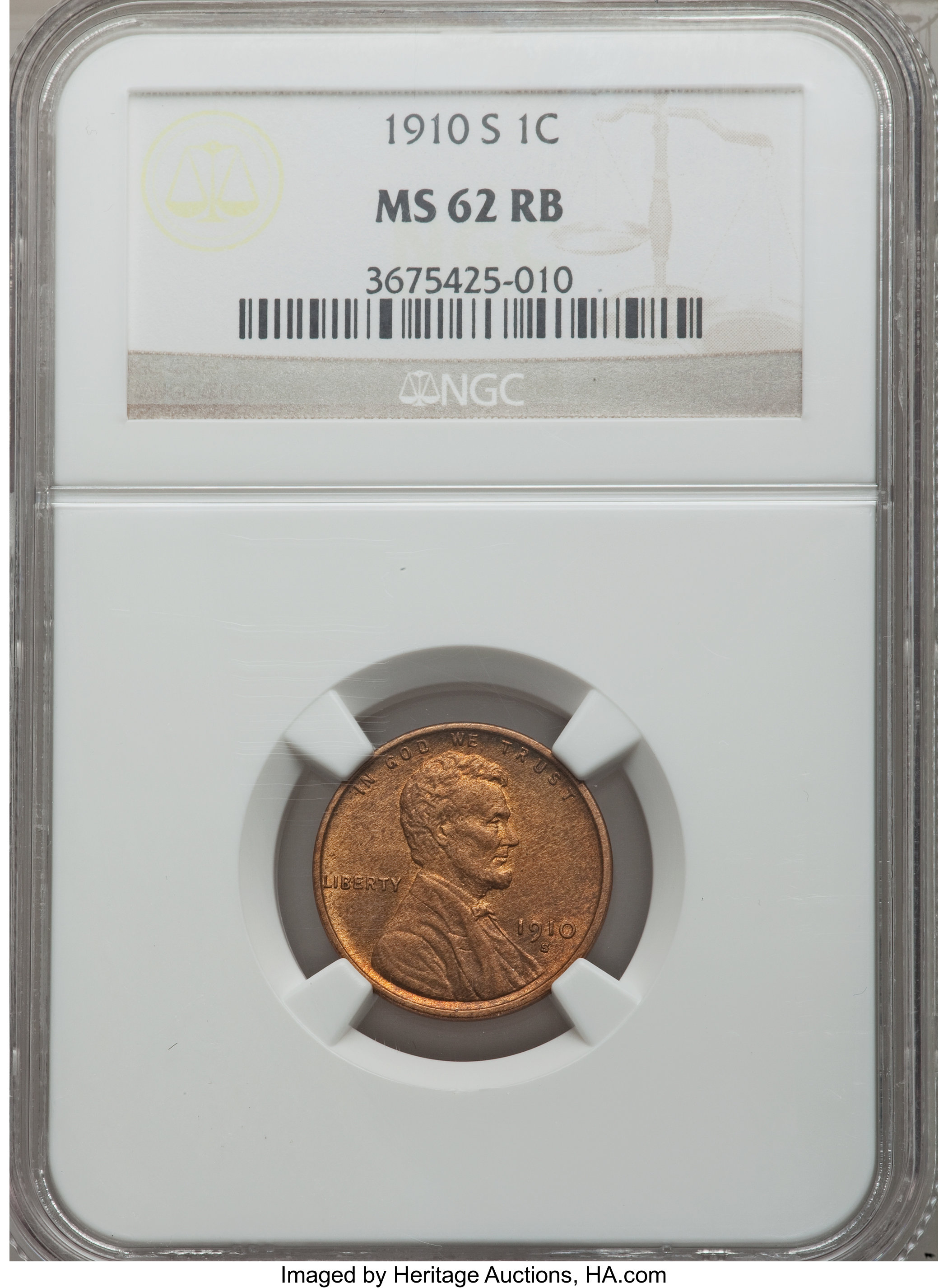 1910-S 1C MS62 Red and Brown NGC. NGC Census: (12/438). PCGS Population (17/850). Mintage: 6,045,000. Numismedia Wsl. Price...