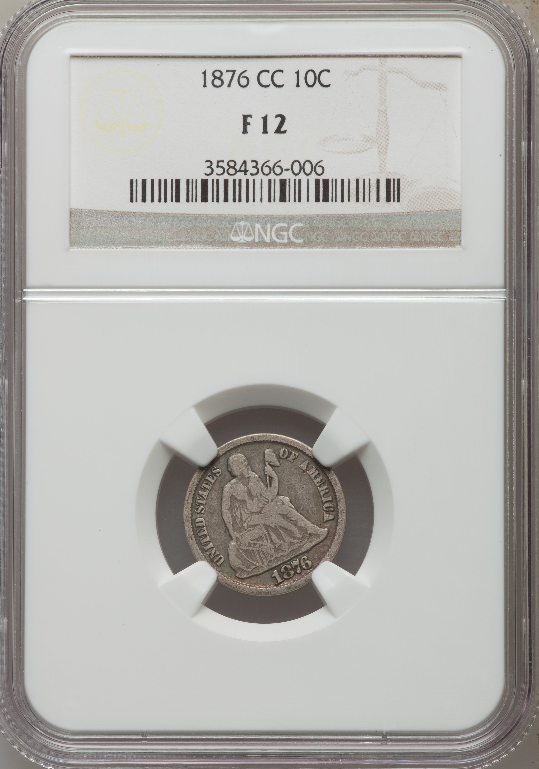 1876-CC 10C Fine 12 NGC. NGC Census: (6/327). PCGS Population (11/457). Mintage: 8,270,000. Numismedia Wsl. Price for probl...