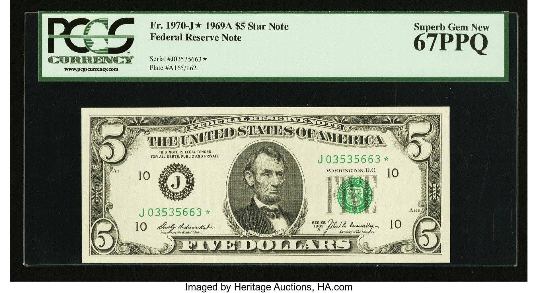 image for: Top Pop Fr. 1970-J* $5 1969A Federal Reserve Note. PCGS Superb Gem New 67PPQ....