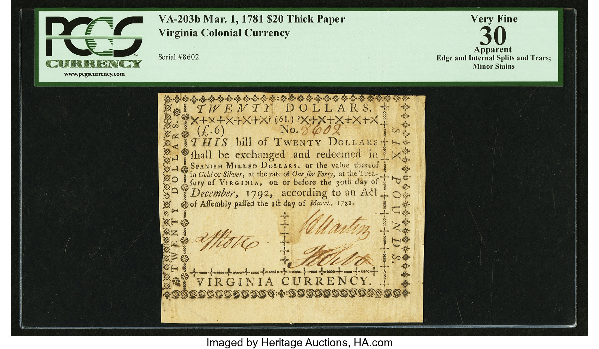 image for: Virginia March 1, 1781 $20 printed on thick laid paper PCGS Apparent Very Fine 30....