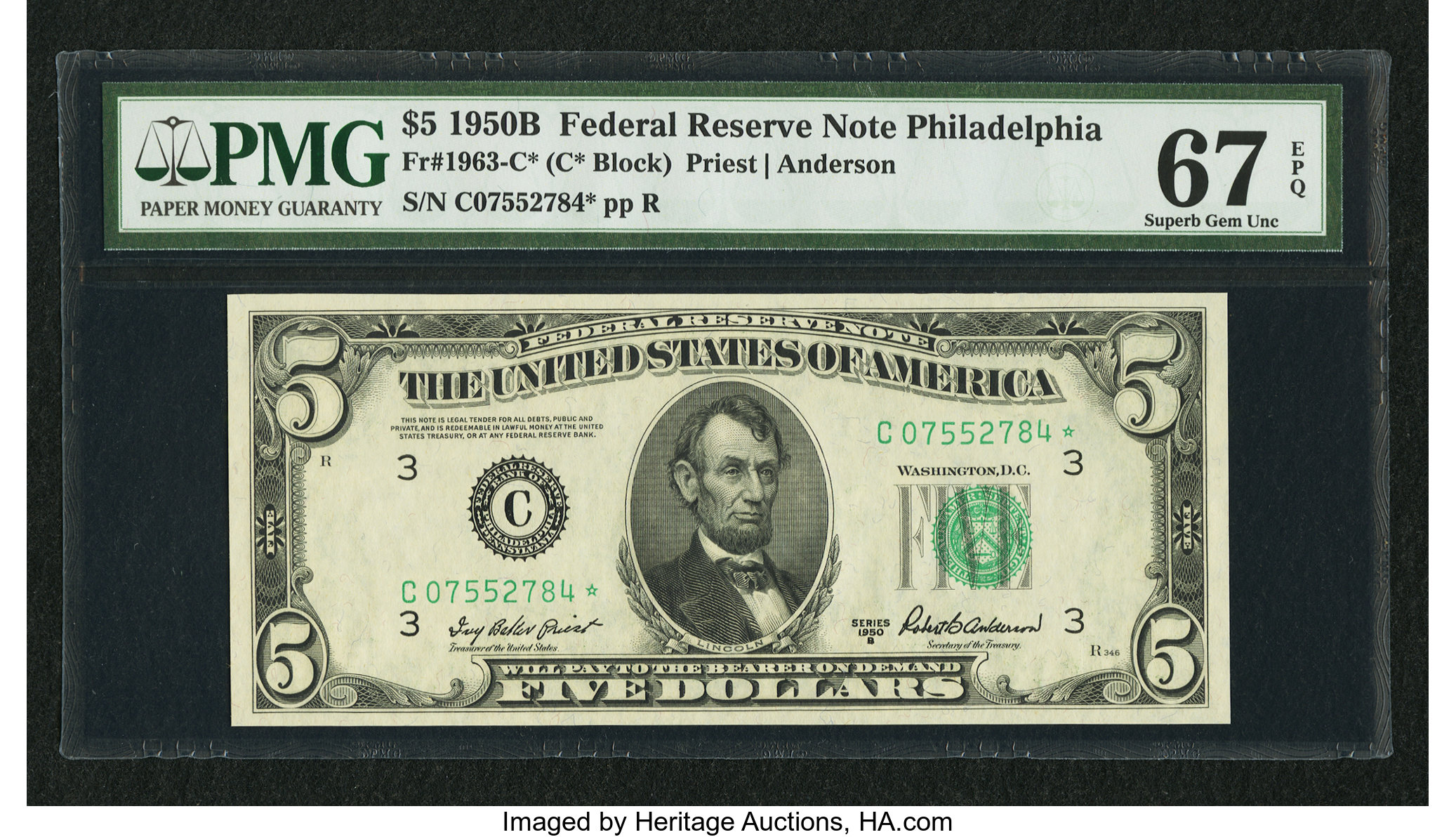 image for: Fr. 1963-C* $5 1950B Federal Reserve Star Note. PMG Superb Gem Unc 67 EPQ....