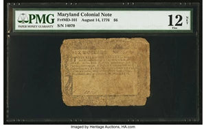 image for: Maryland August 14, 1776 $6 PMG Fine 12 Net....