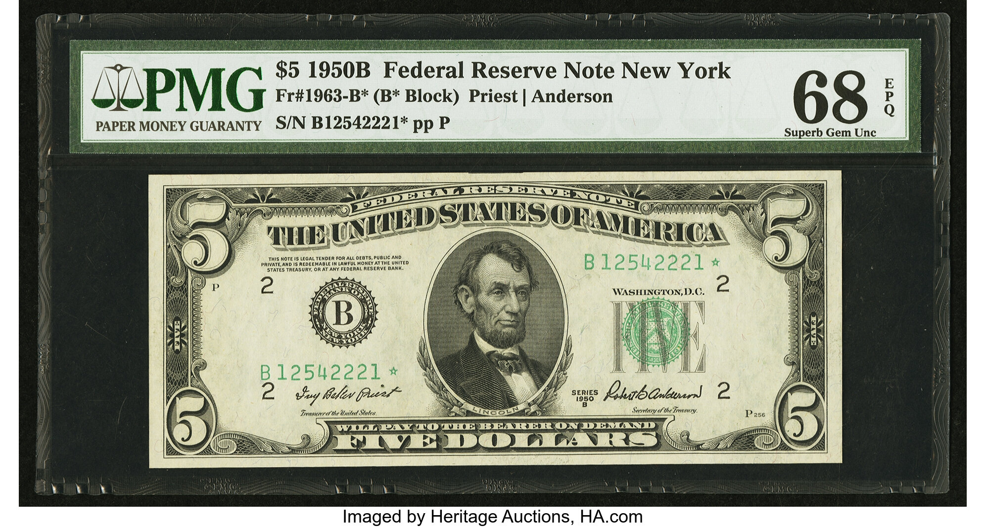 image for: Top Pop Fr. 1963-B* $5 1950B Federal Reserve Note. PMG Superb Gem Unc 68 EPQ....