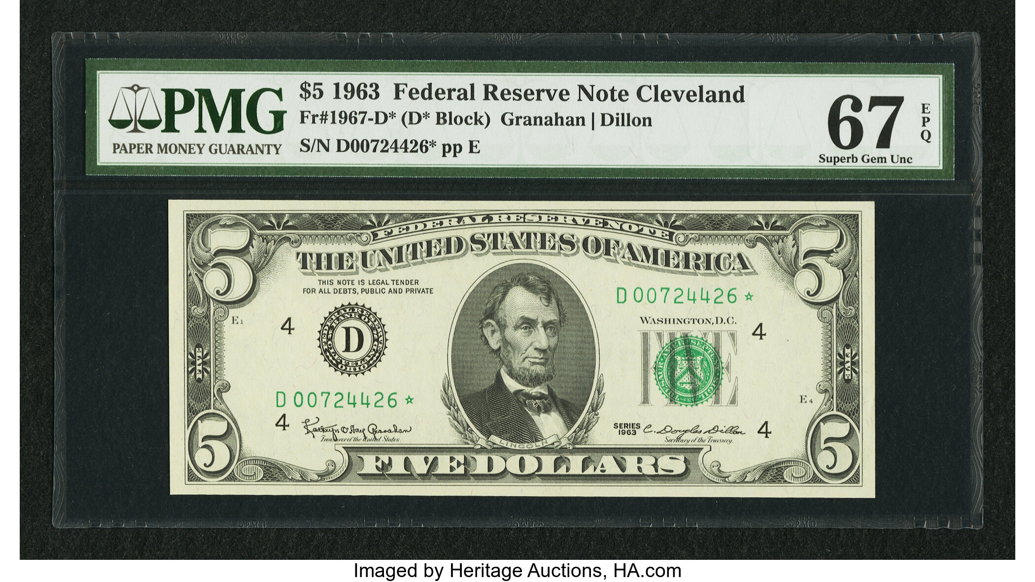 image for: Fr. 1967-D* $5 1963 Federal Reserve Star Note. PMG Superb Gem Unc 67 EPQ....
