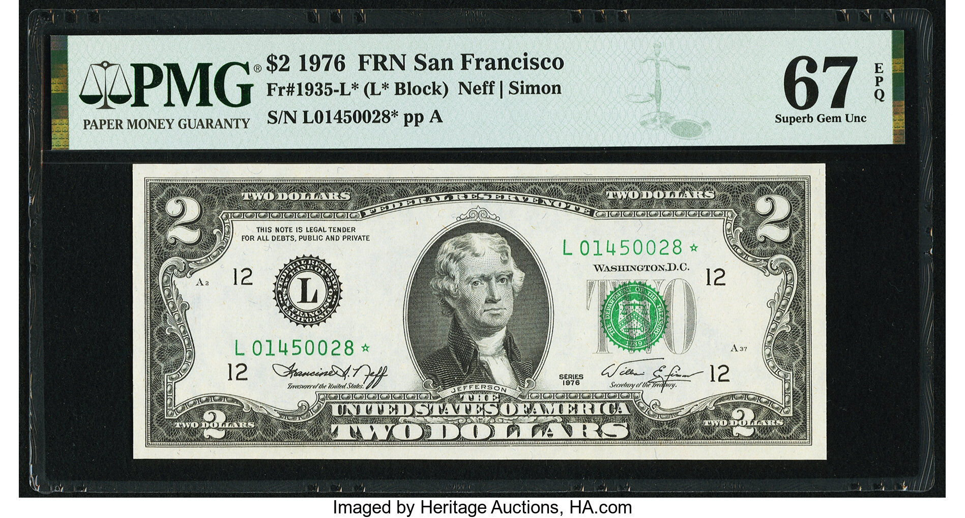 Fr. 1935-L* $2 1976 Federal Reserve Note. PMG Superb Gem Unc 67 EPQ. ...