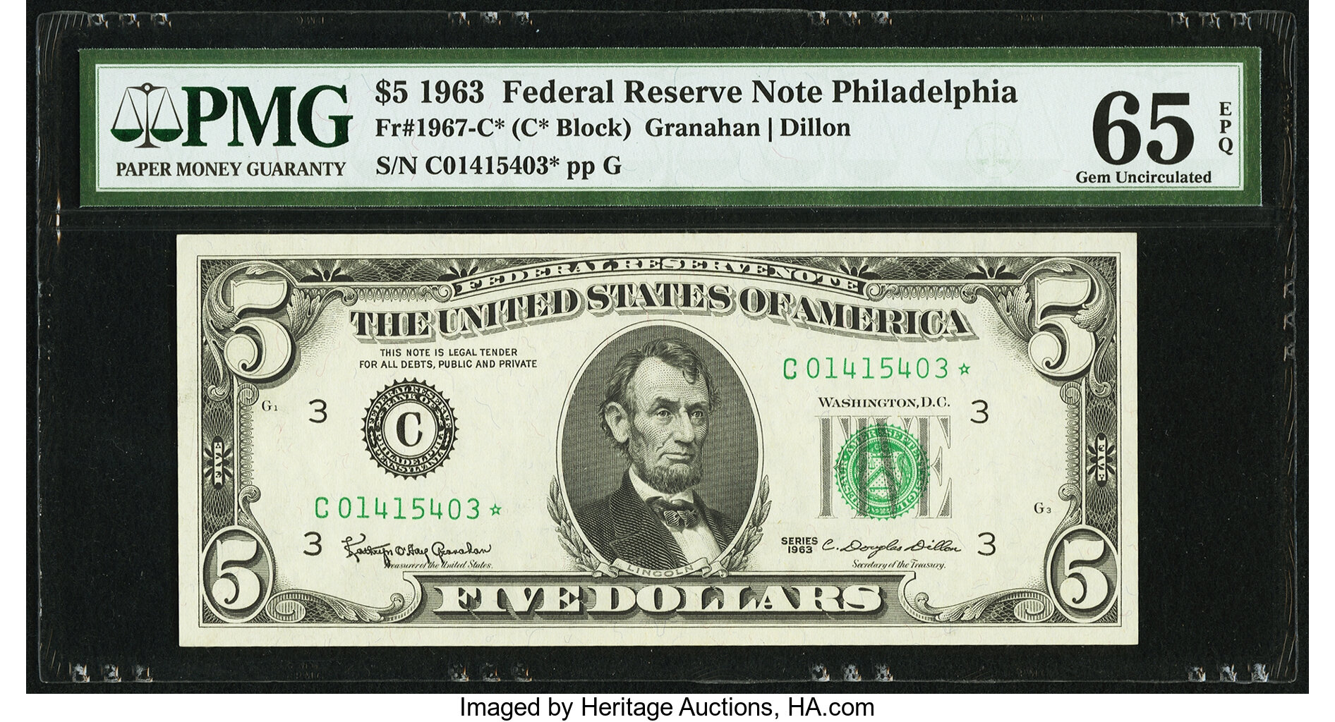 image for: Fr. 1967-C* $5 1963 Federal Reserve Note. PMG Gem Uncirculated 65 EPQ....