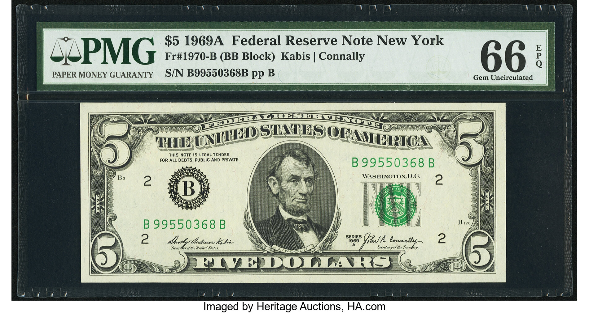 image for: Fr. 1970-B $5 1969A Federal Reserve Note. PMG Gem Uncirculated 66 EPQ....