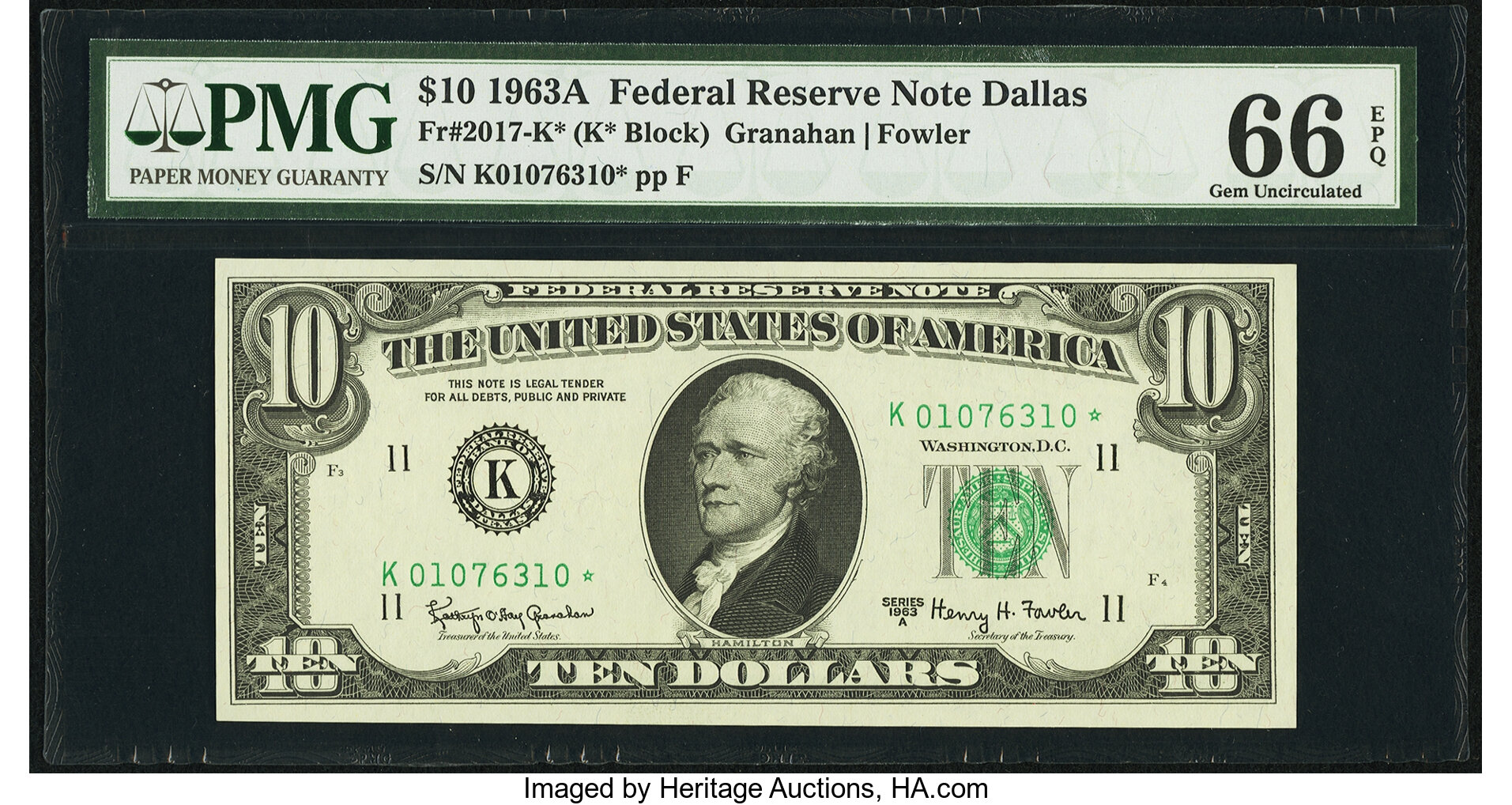 image for: Fr. 2017-K* $10 1963A Federal Reserve Note. PMG Gem Uncirculated 66 EPQ....