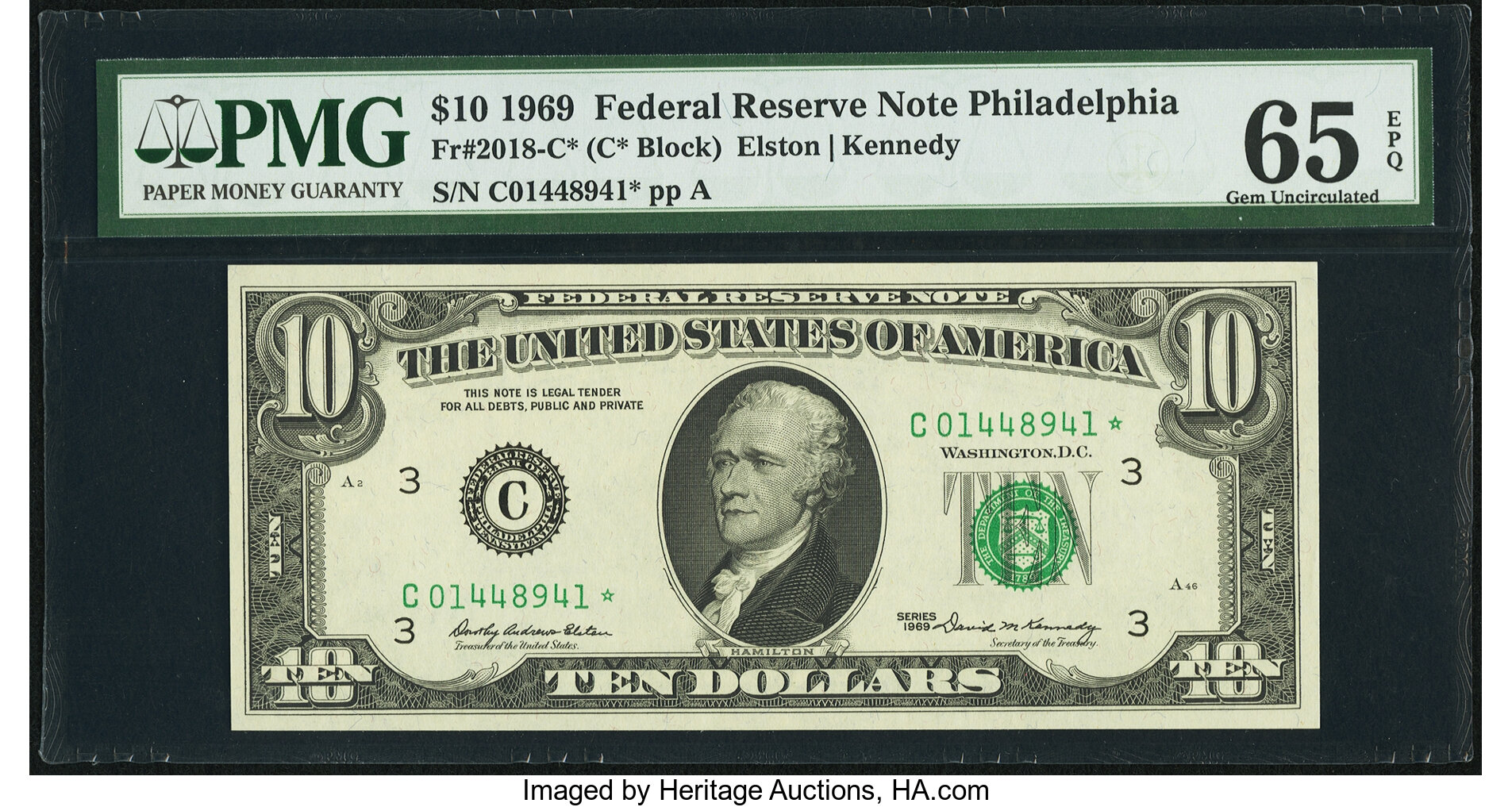 image for: Fr. 2018-C* $10 1969 Federal Reserve Note. PMG Gem Uncirculated 65 EPQ....