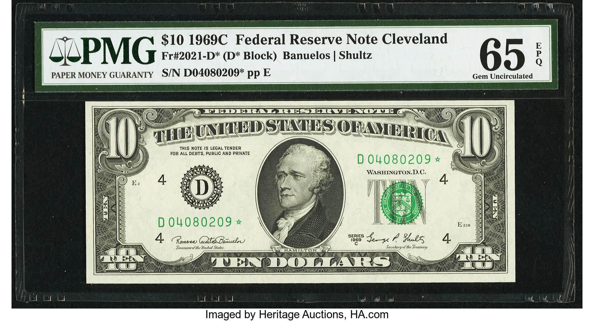 image for: Fr. 2021-D* $10 1969C Federal Reserve Note. PMG Gem Uncirculated 65 EPQ....