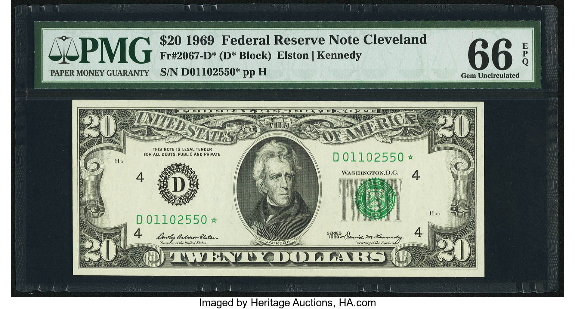 image for: Fr. 2067-D* $20 1969 Federal Reserve Note. PMG Gem Uncirculated 66 EPQ....