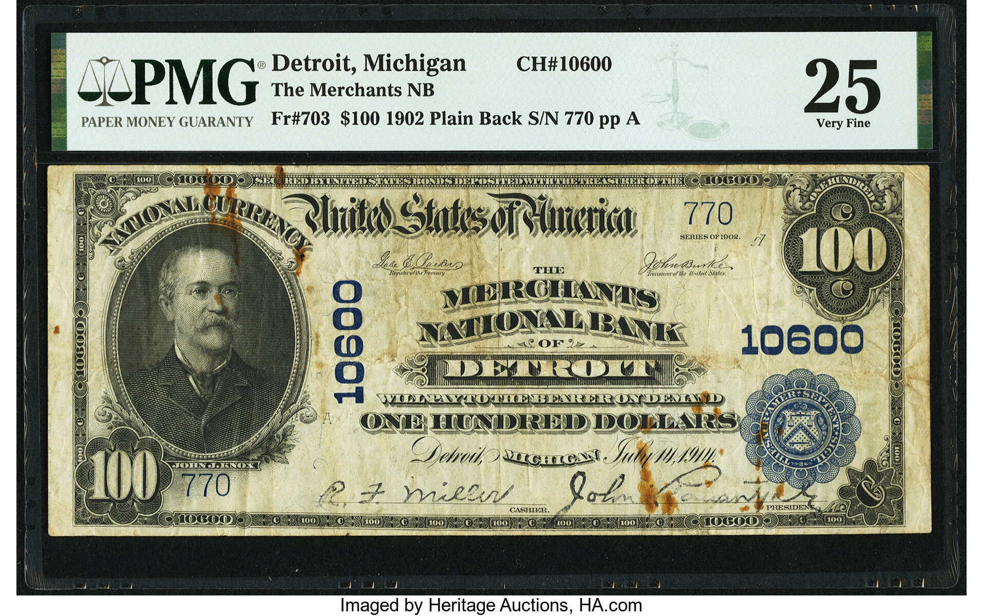 image for: Detroit, MI - $100 1902 Plain Back Fr. 703 The Merchants National Bank Ch. # 10600 PMG Very Fine 25....