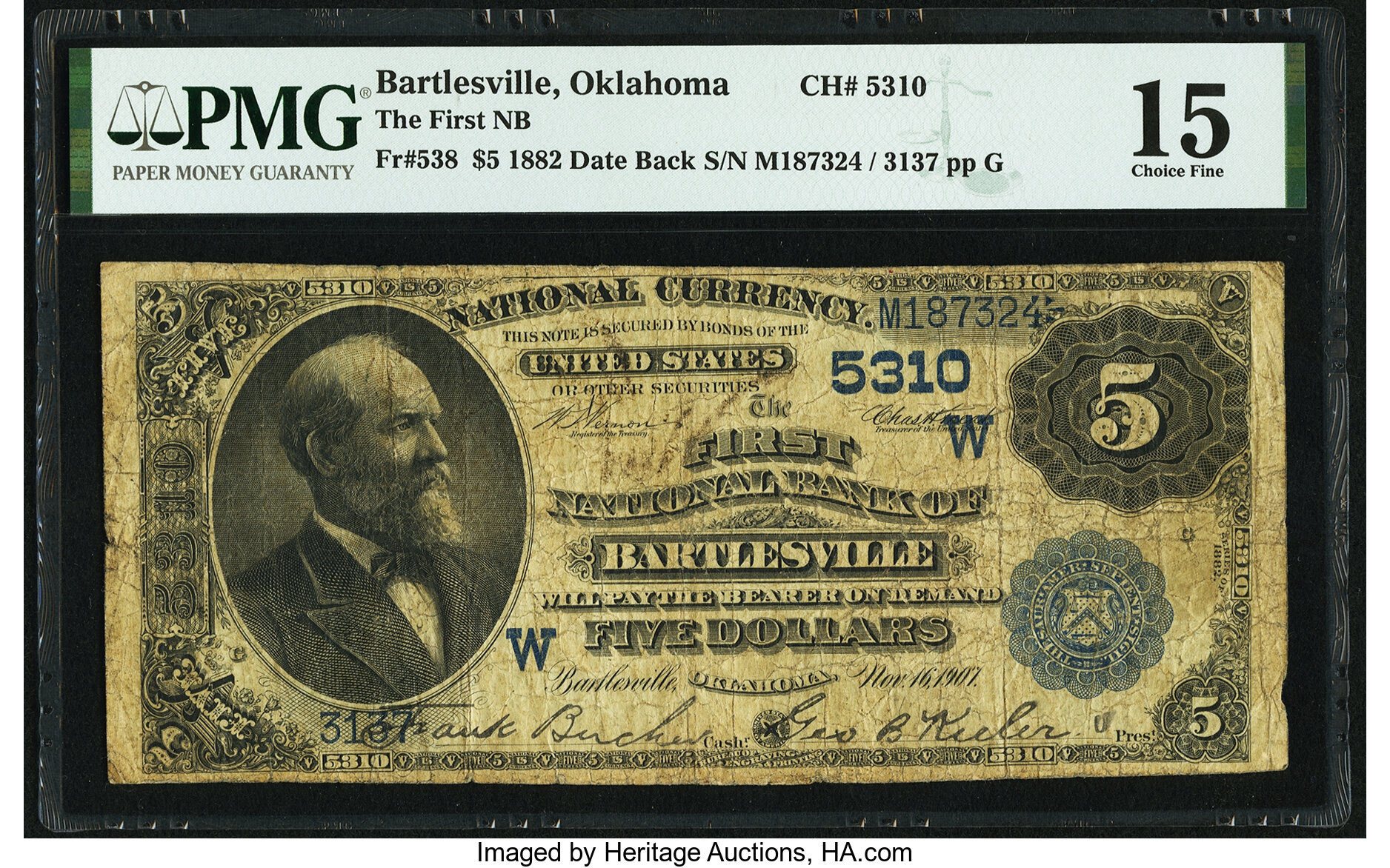 image for: Bartlesville, OK - $5 1882 Date Back Fr. 538 The First National Bank Ch. # (W)5310 PMG Choice Fine 15....