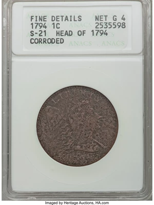 image for: 1794 1C Head of 1794, S-21, B-5, R.3, -- Corroded -- ANACS. Fine Details, Net Good 4. NGC Census: (0/0). PCGS Population (1...