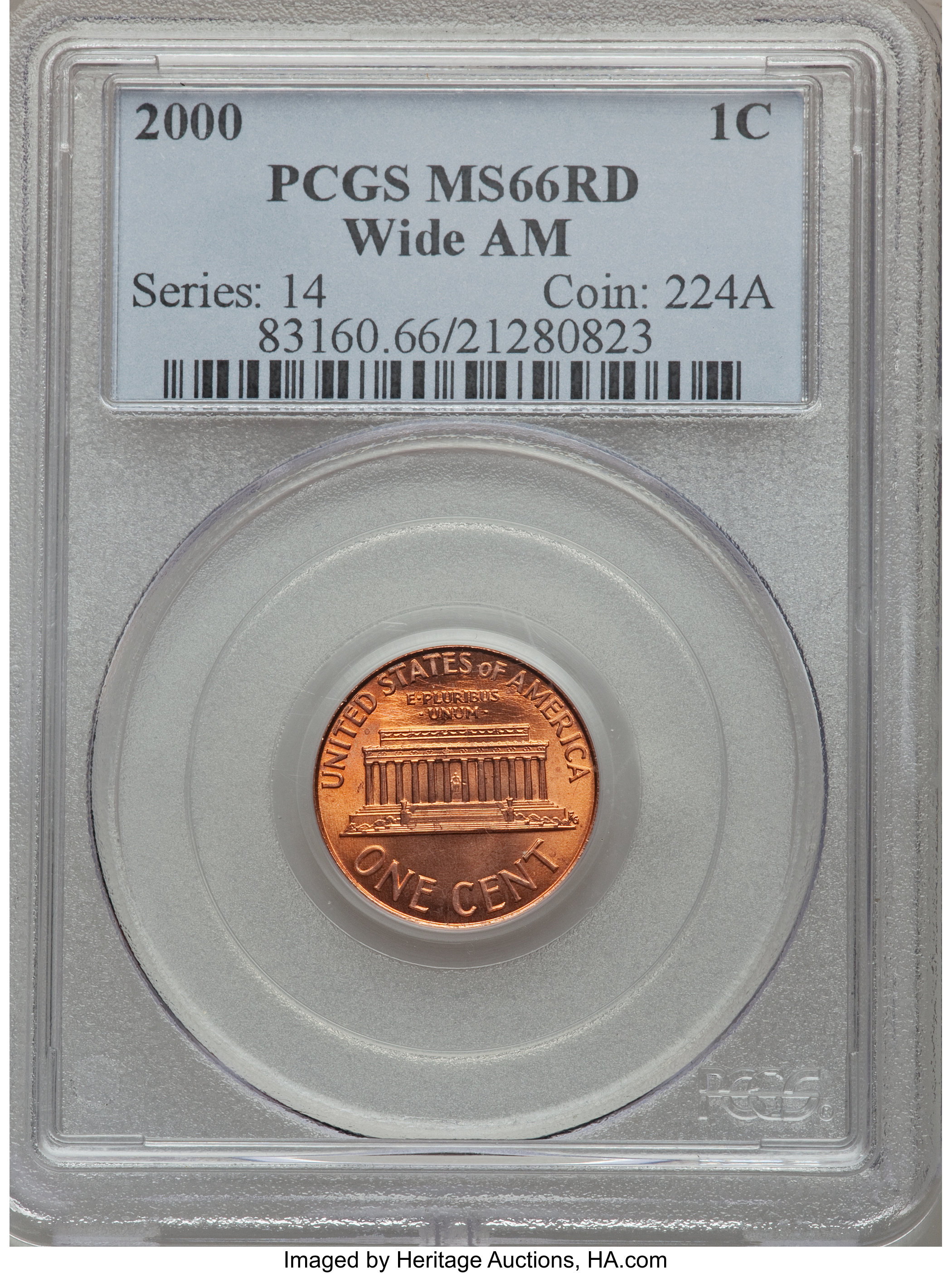 image for: 2000 1C Wide AM MS66 Red PCGS. PCGS Population (407/347). NGC Census: (0/0)....