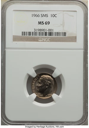 image for: 1966 10C SMS MS69 NGC. NGC Census: (0/0). PCGS Population: (4/0). CDN: $250 Whsle. Bid for NGC/PCGS MS69. Mintage 2,260,000...