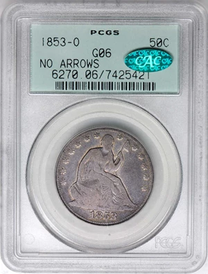 image for: 1853-O Liberty Seated Half Dollar. No Arrows. WB-NC-1, the only known dies. Rarity-7+. Good-6 (PCGS). CAC. OGH.